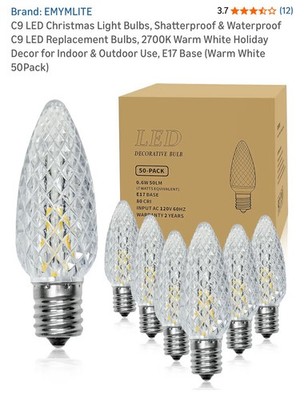 EMYMLITE C9 LED Christmas Light Bulbs, Shatterproof & Warm White 50pack 