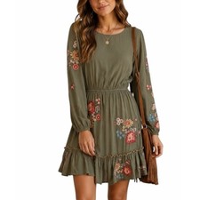 Savanna Jane Floral Embroidered Dress Women’s S Tiered Ruffle Olive Green Boho