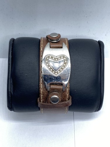 Fossil Silver Tone Crystal Leather Buckle 8 1/2" Bracelet 33.3g
