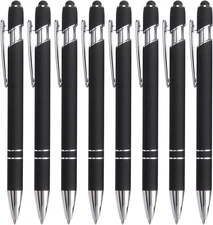 8 Pack Black Ballpoint Pen 2-in-1 Stylus - Retractable Metal Pen With Stylus Tip