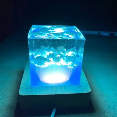 Handmade Sky Cloud Resin LED Lamp   3D Blue Art Cube Light with glowing cloud