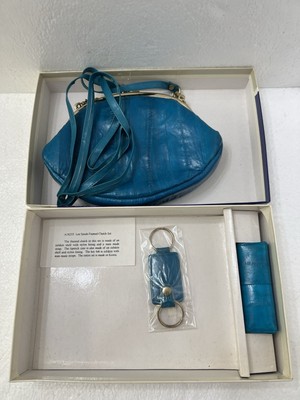 Vintage Lee Sands Eel Skin Clutch Teal Kisslock Key Chain Fob Retro Lipstick Cov