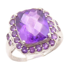 925 Sterling Silver Vintage Ring Faceted Amethyst Statement Band Sz 8 RG35038