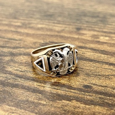 VTG 10k Yellow & White Gold Solid Back Enameled 32 Degree Mason Ring SZ 10.75