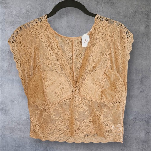NEW Womens Beige Medium Lace Padded Sheer V Neck Crop Top