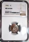 NGC MS-64 BN 1902 Indian Head Cent, Beautifully Toned w/ Hints of Original Red.