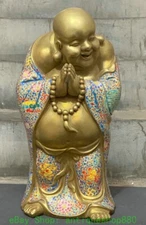 14.5" Qianlong Enamel Colour Porcelain Gold Happy Laugh Maitreya Buddha Statue