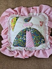 Vtg Handmade Quilted Pillow Girl With Parasol Ruffled Edge Granny Core