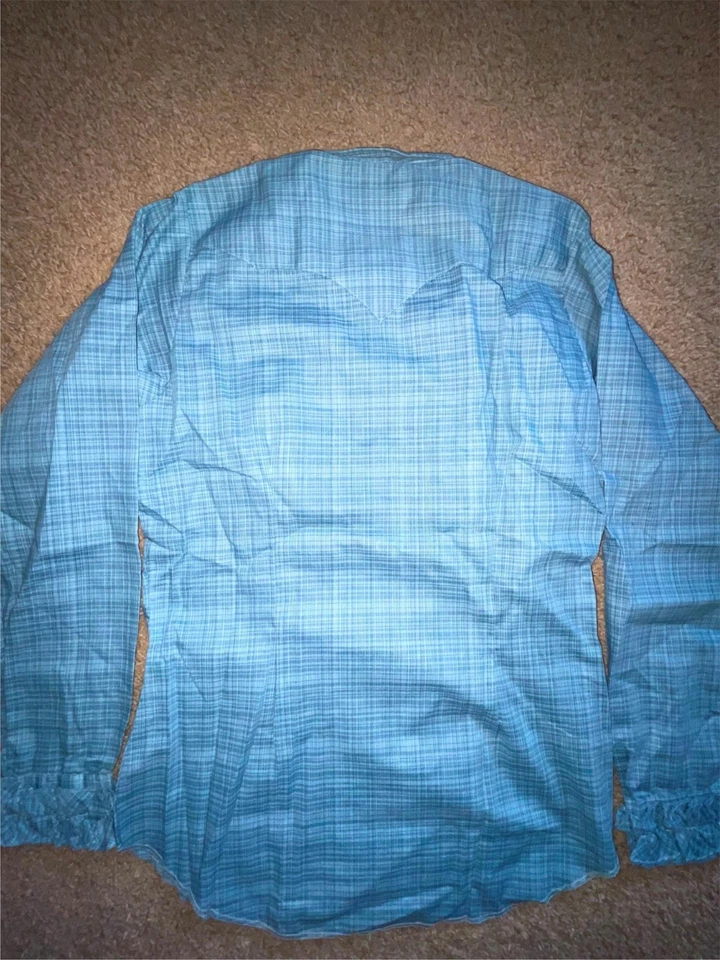 CAMISA VAQUERA WESTERN TEM TEX VINTAGE AÑOS 70 MUJER XS RAYAS A CUADROS MARRÓN AMARILLO AZUL Foto 4 de 4