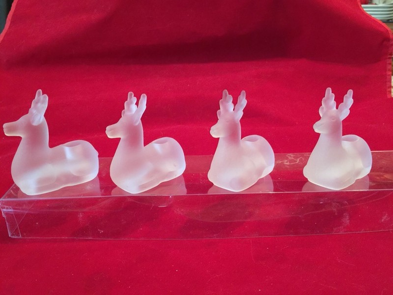 Williams Sonoma Reindeer Taper Candle Holders Set Of 4 Holiday Frosted Glass