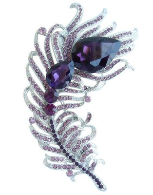 Pear Lab Amethyst Peacock Feather Brooch 925 Fine Silver Art Deco Designer Jewel