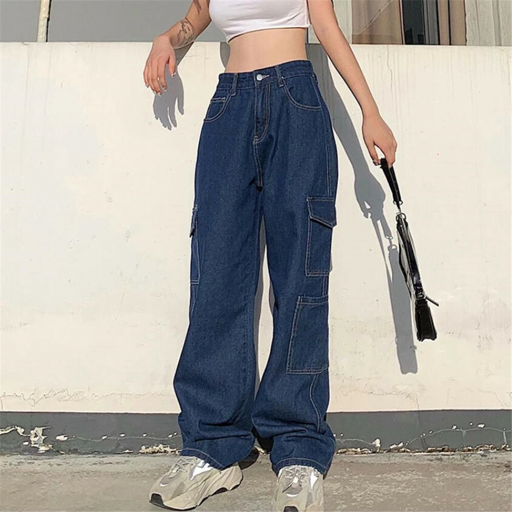 Vintage Baggy Jeans Women Pockets Wide Leg Cargo Pants Straight