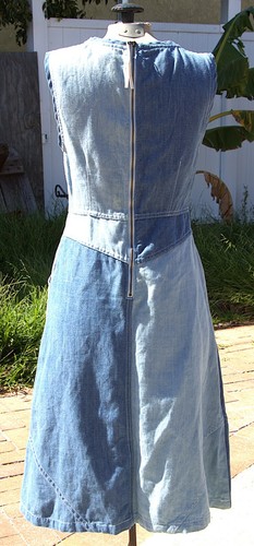 Blue Denim A-Line Shift Dress 2 Midi Sleeveless Cottage Core Patch Work - Picture 4 of 8