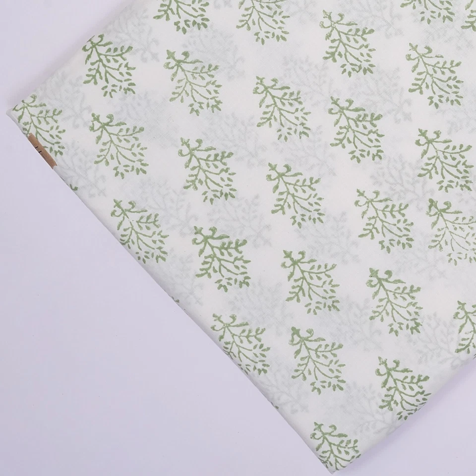 Indian Hand Block Print Fabric Green Cotton Sanganeri Print Fabric by the 1 Yard - Image 2 of 4