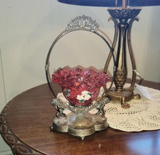 Antique Cranberry Enameled Glass Bowl Brides Basket – with Full Figural Cupids –