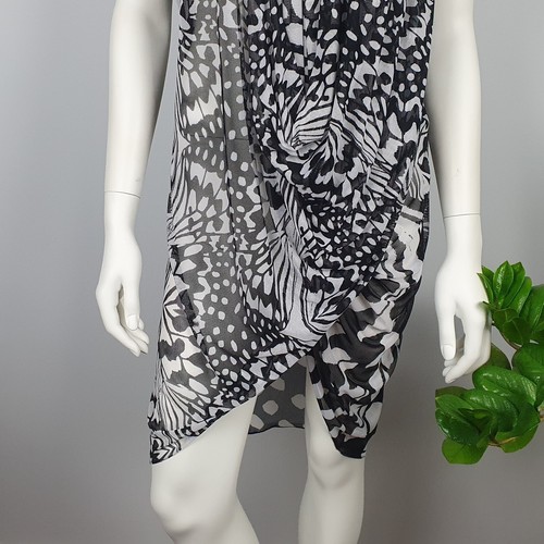 Lovers Brand Size 10 Short Tunic Dress Draped Cowl Neck Sheer Mesh White Black - Picture 3 of 11