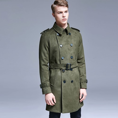 Mens Slim Coat Double-breasted Casual Mid-length Windbreaker Suede Velvet Jacket - Picture 14 of 16