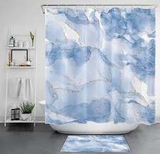 Minimalist Modern Blue Abstract Marble Shower Curtain Set for Bathroom Decor