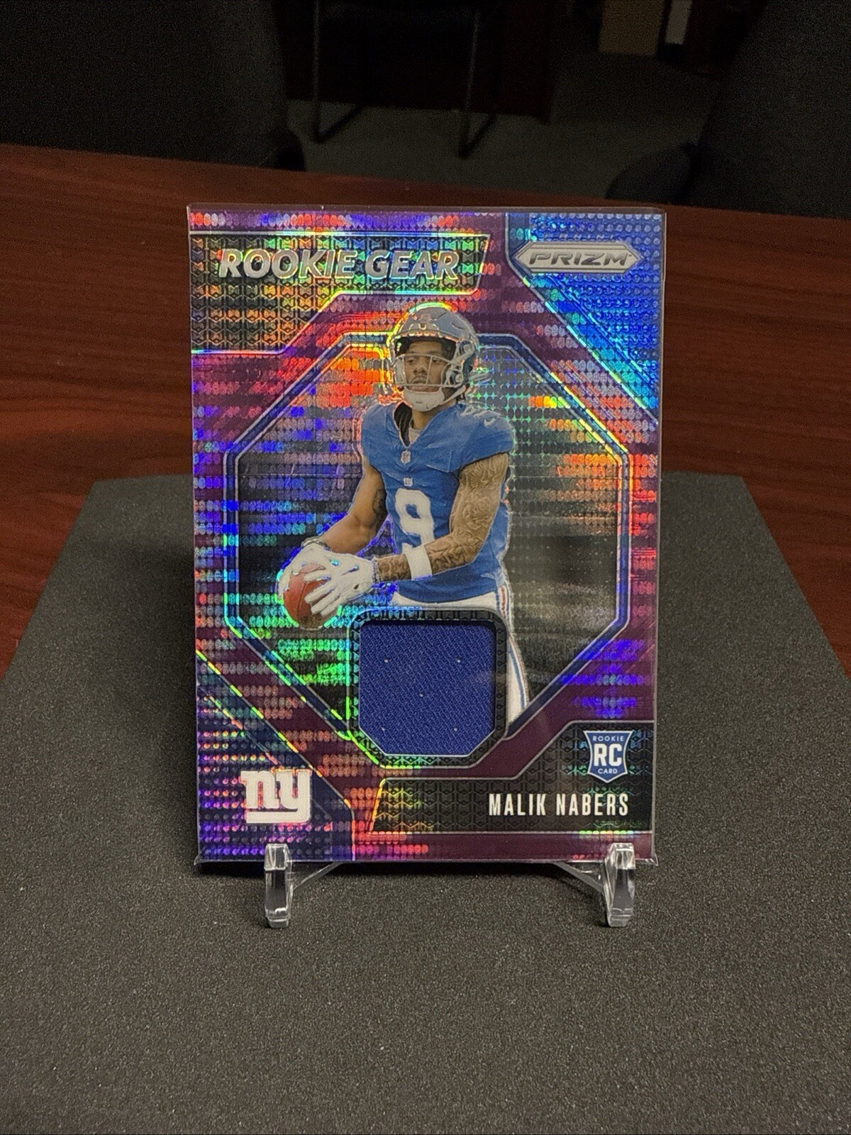 2024 Prizm Hobby, Malik Nabers #RG-MNS Rookie Gear Purple Pulsar Prizm (MEM, RC)