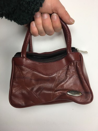Maroon Micro Top Handle soft leather Patchwork handbag Multi Zip Compartments - Picture 6 of 10