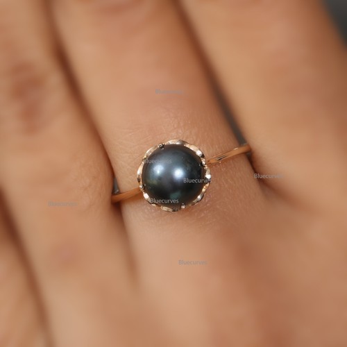 8.5mm Natural Black Pearl Mountain Setting Engagement Ring 14k Rose Gold - Picture 4 of 20