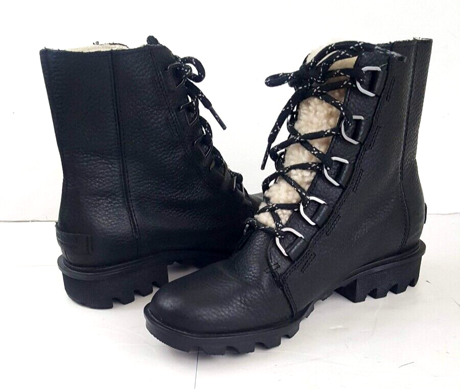 Sorel Phoenix Women's Black Leather Fur-Lined Combat Boots Size 6.5 M-image