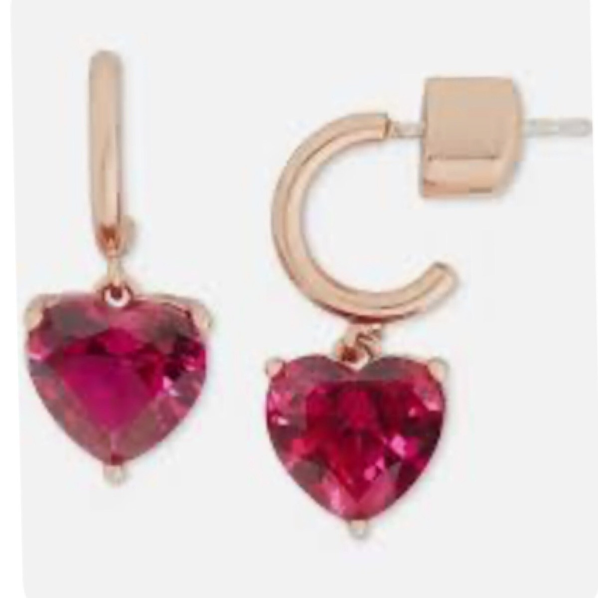 Kate Spade Gold Tone Hoops Red Simulated Ruby Heart Valentine’s Day Earrings