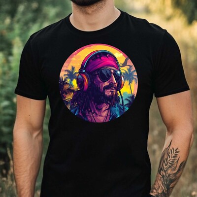 Mens Pirate With Headphones Print Cotton T-Shirt Size XS to 5XL