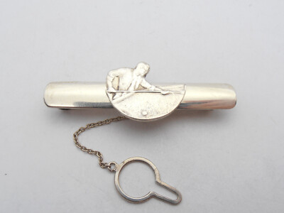 billiards: 925 Silver Tie Clip with Billiards Player - Cue -