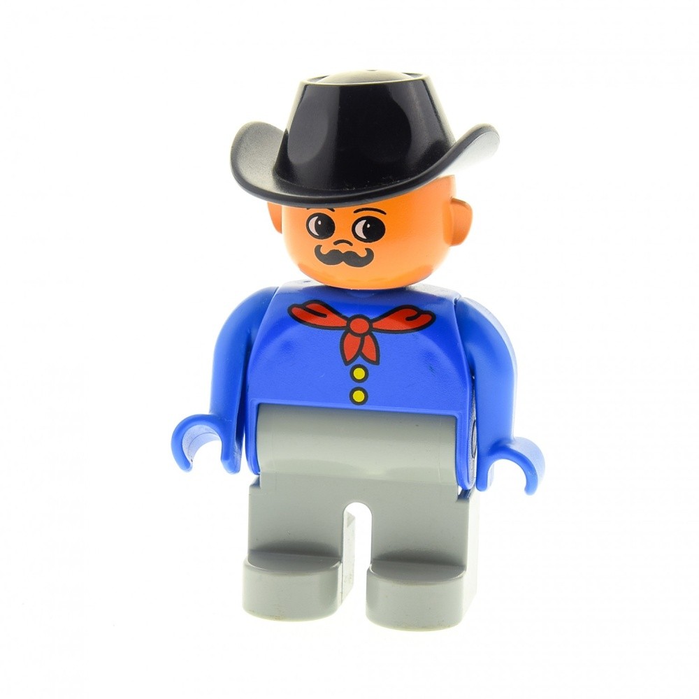 1x Lego Duplo Figure Man Gray Cowboy Shirt Blue Hat Black 4555pb088
