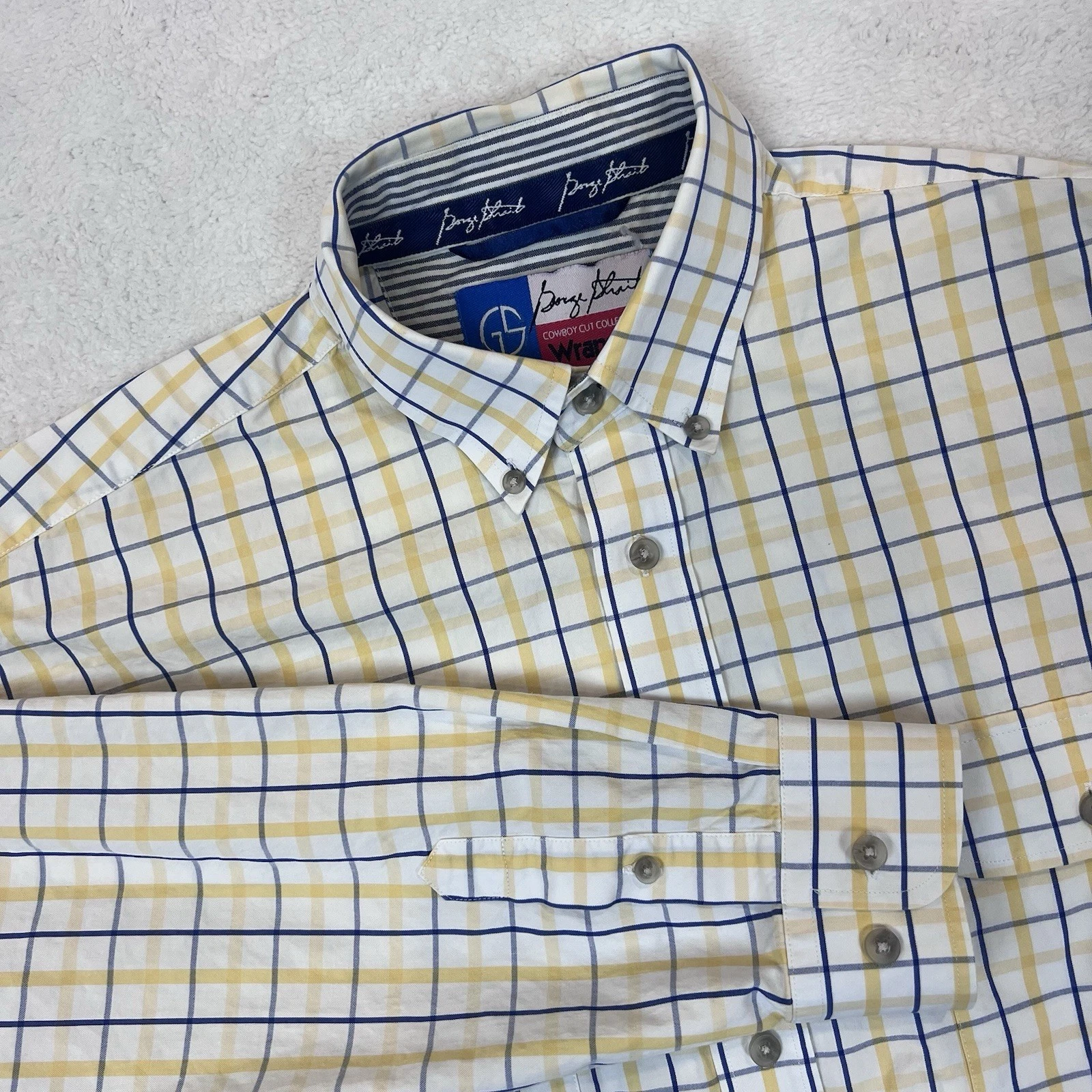 Wrangler George Strait Cowboy Cut Shirt Mens Plaid Button Cotton Yellow Blue