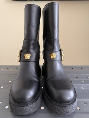 Versace Biker Leather Mid-Calf Boots Black Buckle Logo Women's Size 38