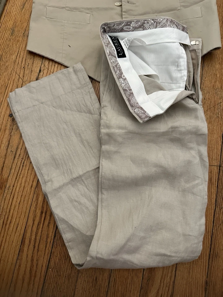 Lauren Ralph  Boys Youth 14R / W27” Suit Trouser  100% Linen Dress Pants Beige - Image 3 of 4