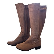 Beige faux-suede knee-high riding boots featuring side zippers buckle details 9