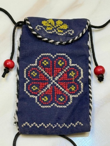 Handmade Palestinian Embroidered Pouch - Traditional Tatreez Drawstring Bag