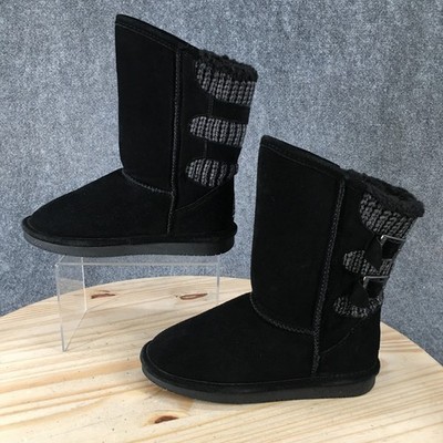 Bearpaw Boshie Boots Youth 4 Shearling Pull On Comfort Mid-Calf Round Toe Black