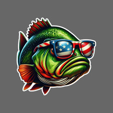 Fishing Sticker Vinyl Decal Patriotic Green Bass With Flag Sunglasses Art