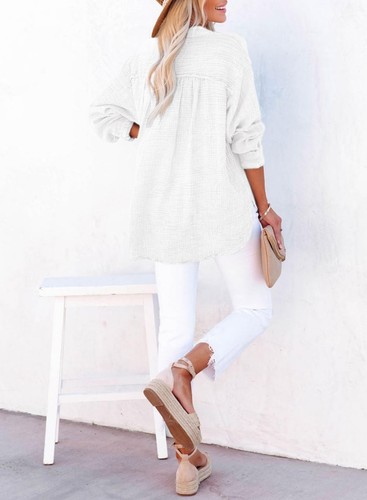 Womens Tops Dressy Casual Blouse 3/4 Button V Neck Long Sleeve Cotton Texture... - Picture 4 of 5