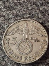 1936 A 5 Mark German WW2 Silver Coin Third Reich  Reichsmark