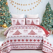 Christmas Tree Elk Quilt Set 3PCs Soft Microfiber King(90"x104") Red