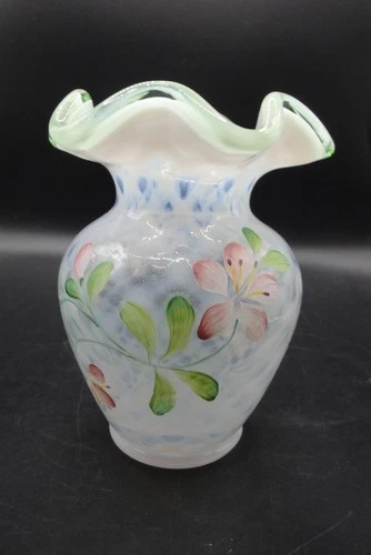 Artist Signed Hand Painted FENTON Green Crest Vase, Opalescent Diamonds,Floral