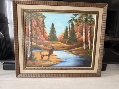 Vtg Rustic Framed Landscape Bull Elk River Mountains Hand Painted Signed cabin