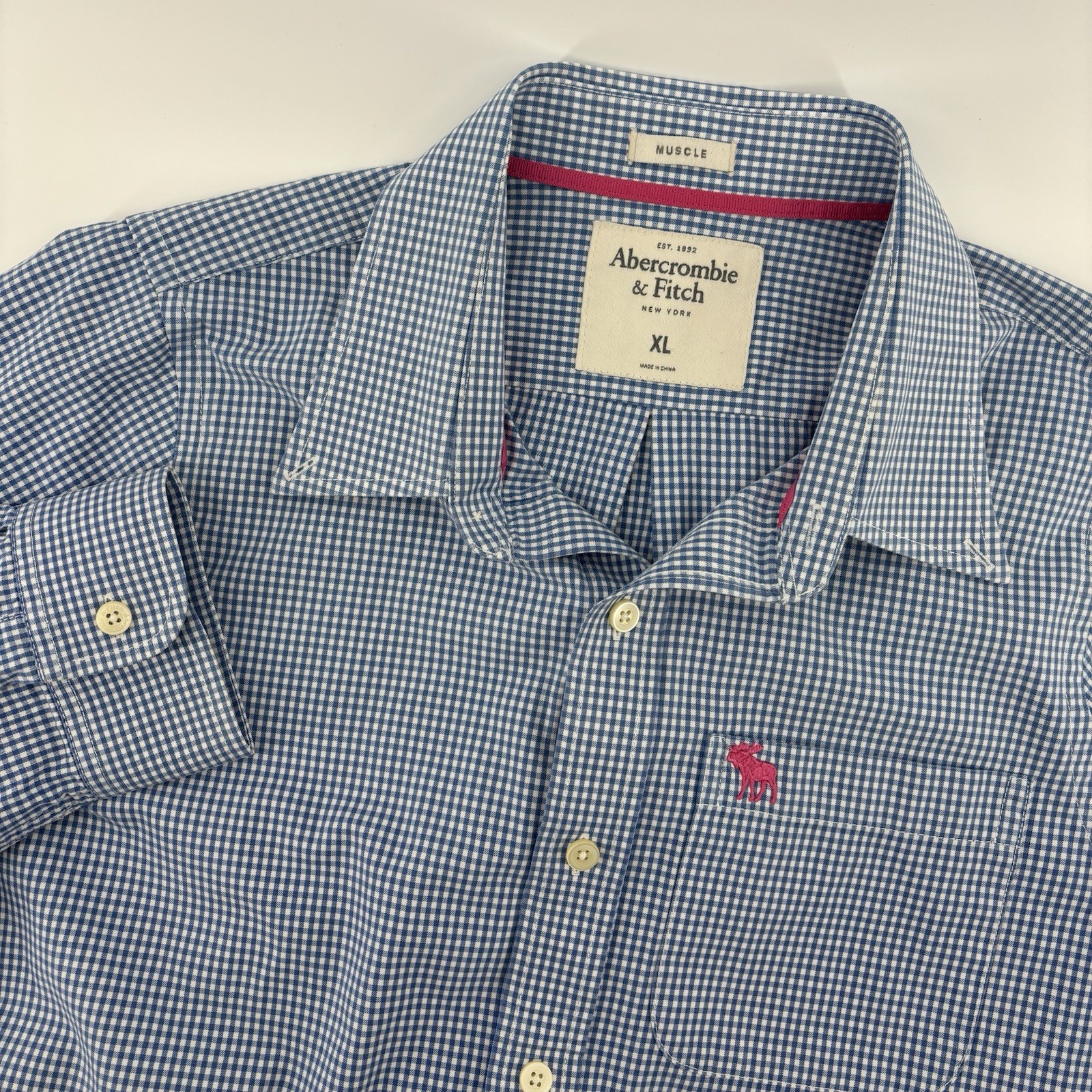 Abercrombie Fitch Muscle Fit  Blue White Gingham LS Button Down Shirt Men XL