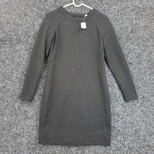 Banana Republic Black Matelasse Paisley Shift Dress Long Sleeve Gold Zip Size 6
