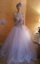 3Pc Silver White Rhinestone Crystal Bralette Top Tulle BellyDance Skirt Sash Set