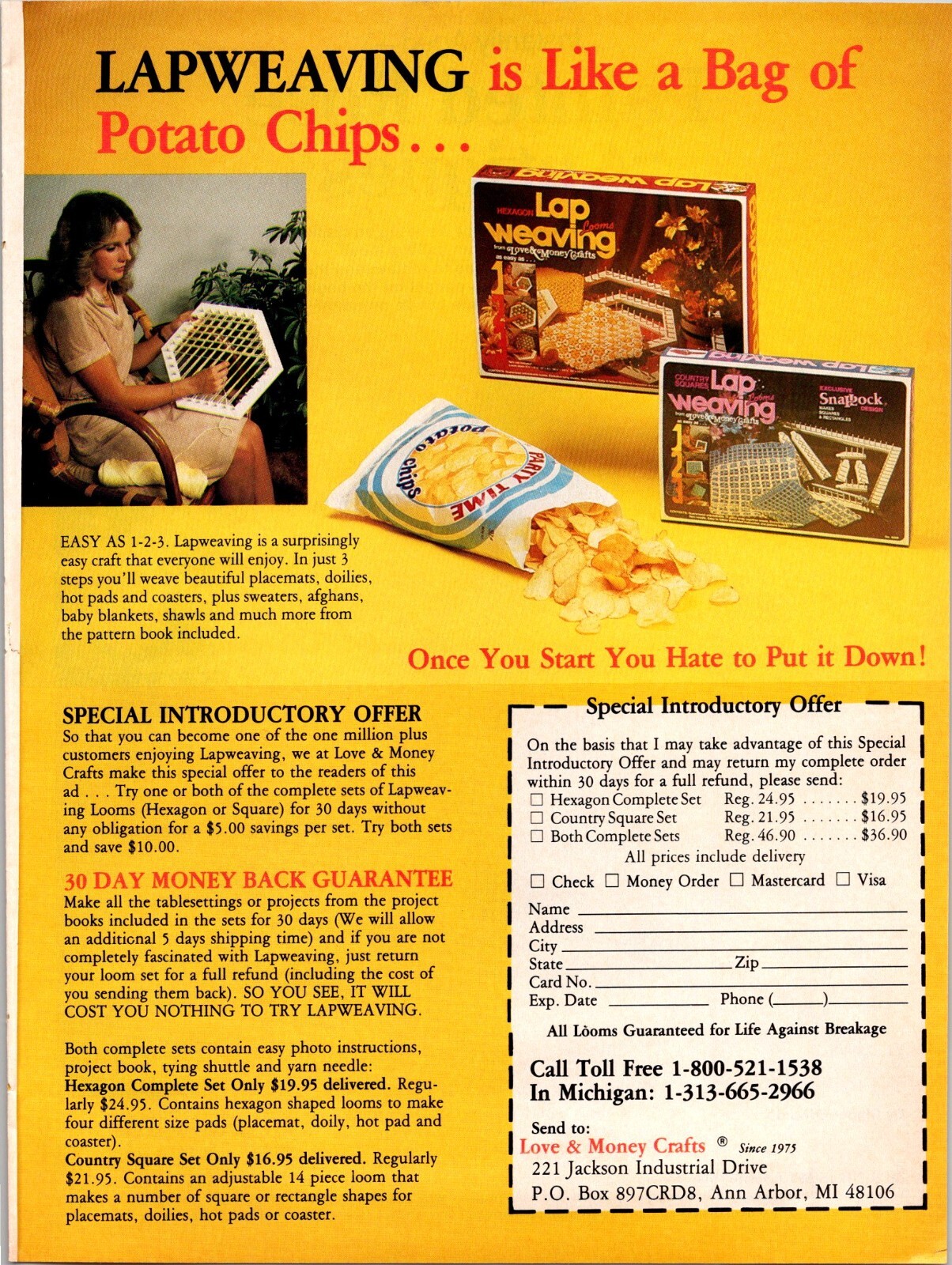 Love and Money Crafts Lap weaving Original Vintage Print Ad