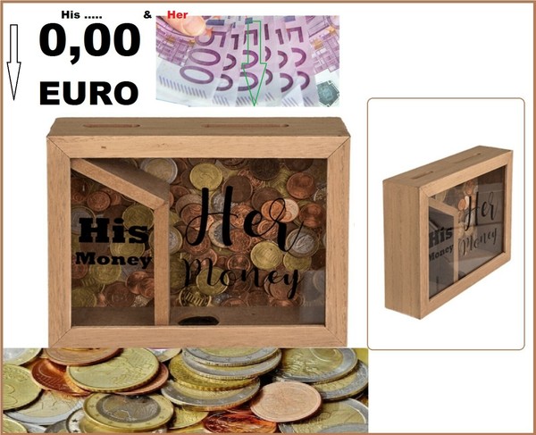 Holz-Spardose His-&-Her Sparschwein Braun Alles FüR Die Shopping Queen ....-image