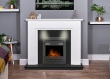 BLACK ELECTRIC FIRE WHITE MARBLE GRANITE FIREPLACE DOWN LIGHTS REMOTE CONTROL