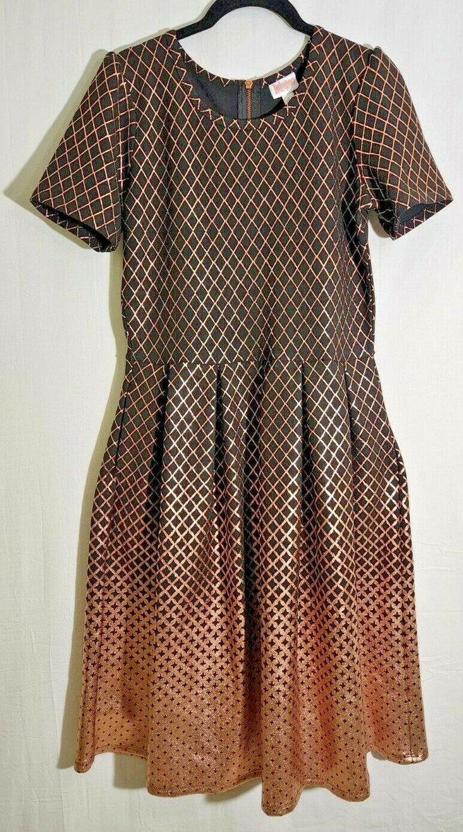 LulaRoe Elegant Amelia Dress Black Dipped Ombre Gold Bronze Foil Shimmer L  NEW