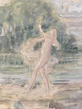 Watercolor Painting Signed Guidetti Stamp Workshop Bucolic Scene Woman